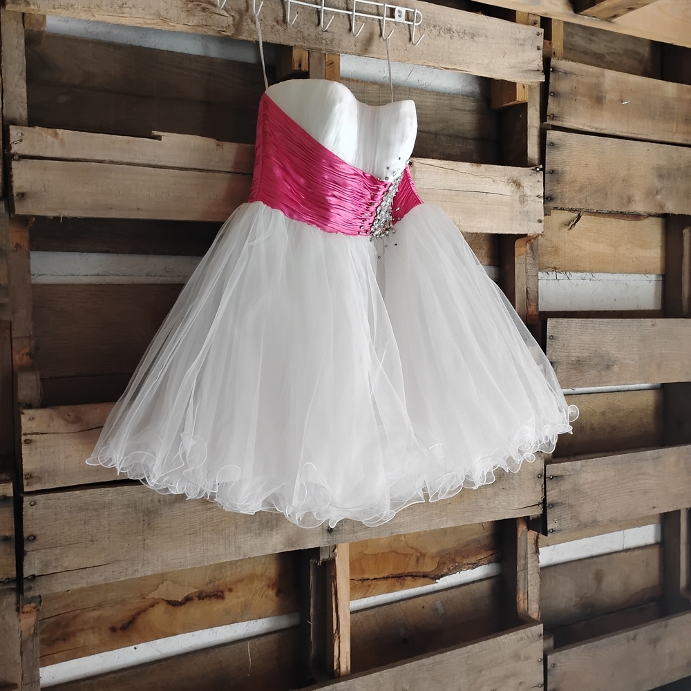 Sherri Hill Pink and White Fit and Flare Tulle Prom Dress